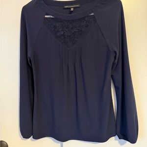 White House Black Market Dark Blue Blouse with Floral Detail